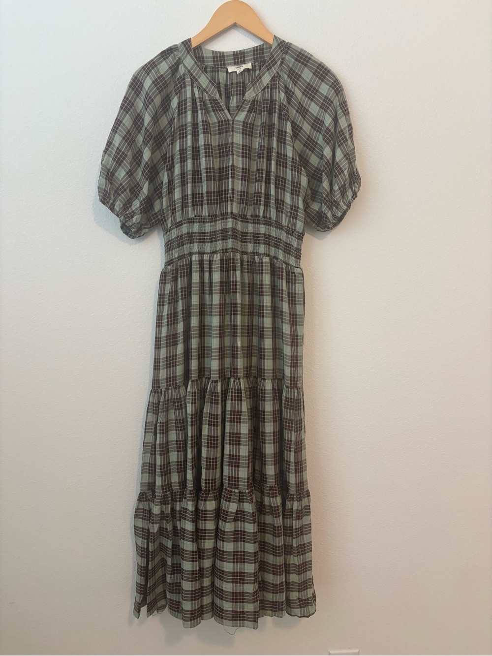 Entro Green Plaid Puff Sleeve Tiered Dress Medium